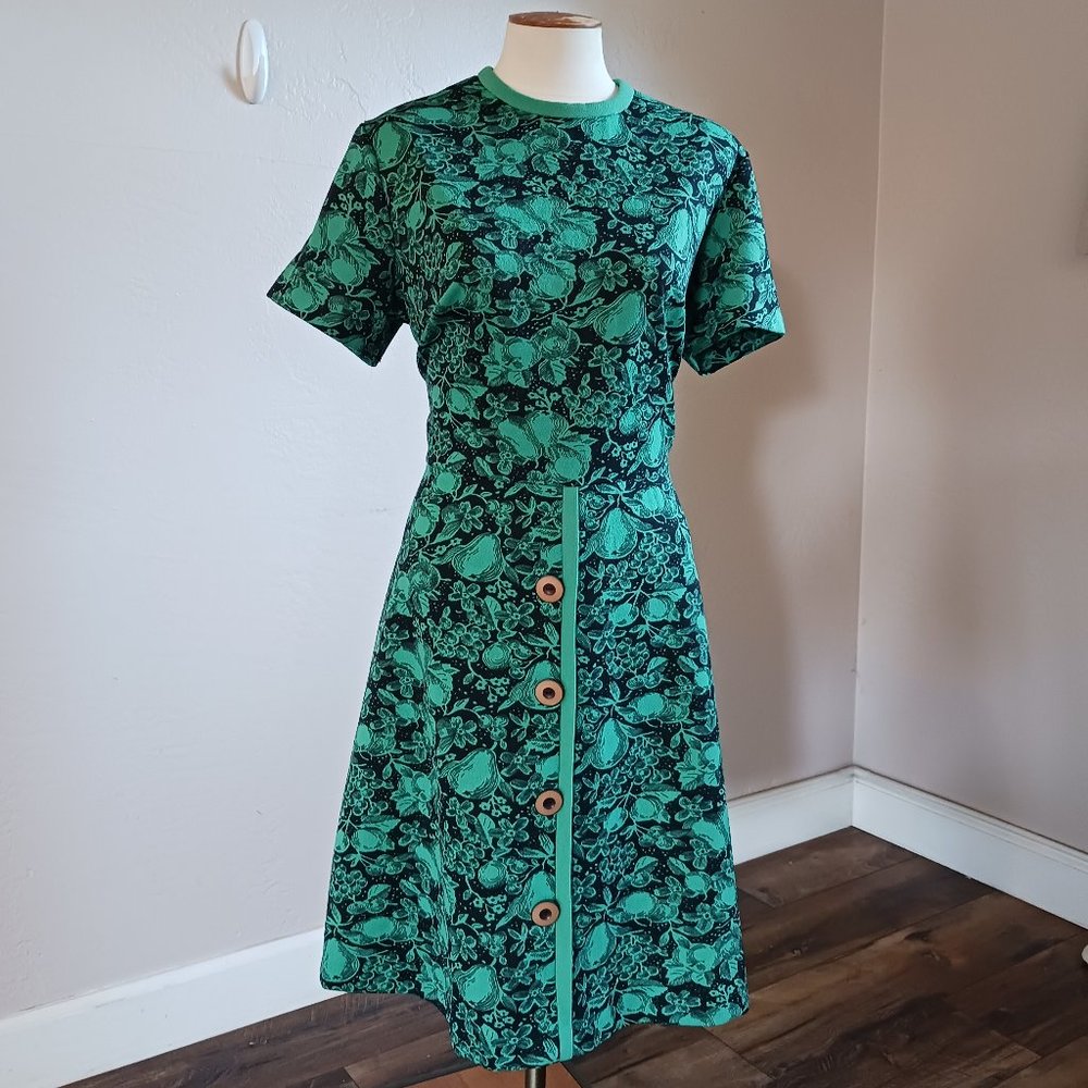 Vintage Green & Black Fruit Print Fit Flare Dress- M/L?